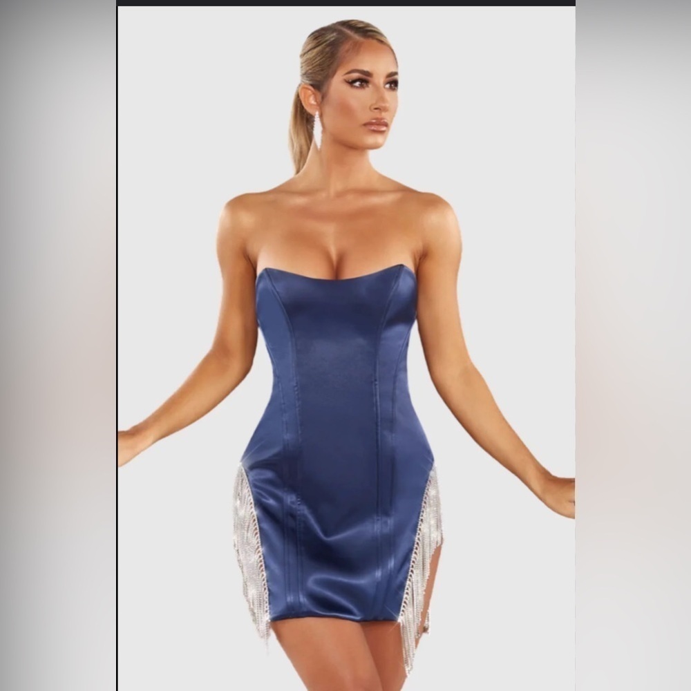 OH POLLY. Euphoria Embellished Bustier Satin Mini Dress Navy Blue Size 2